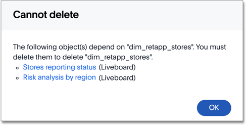 Cannot delete table warning with list of dependent objects