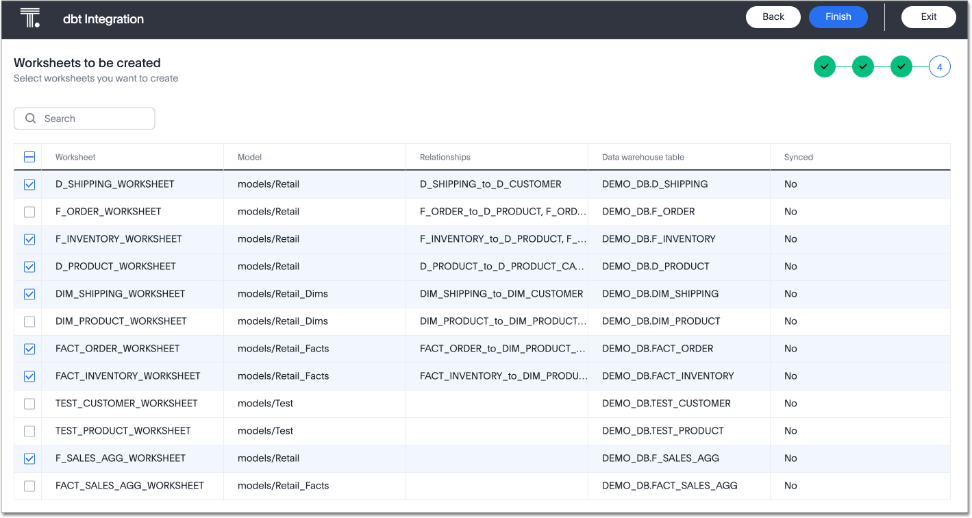 Select Worksheets for ThoughtSpot to create