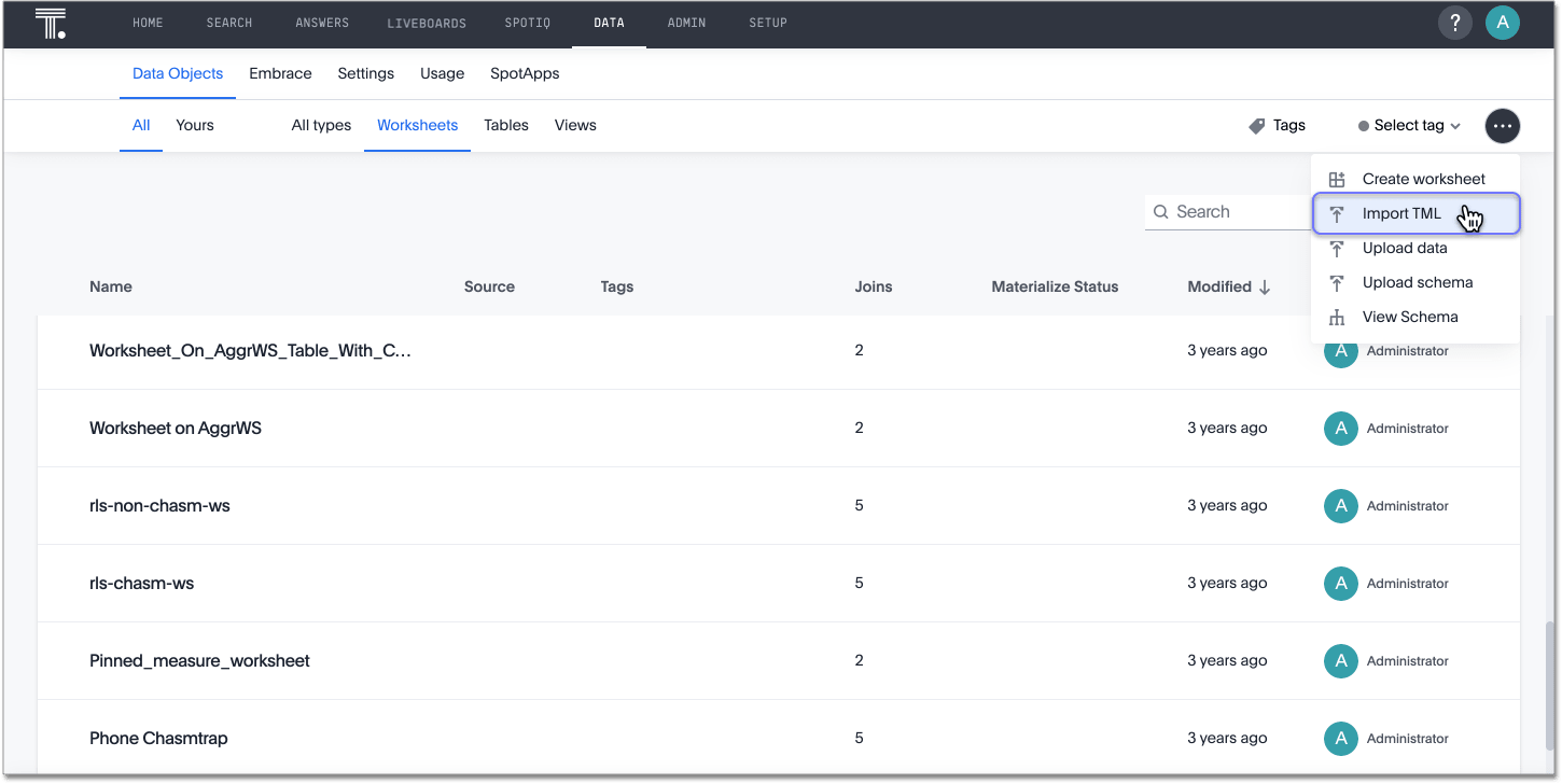 Import Worksheet or View TML