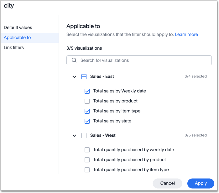 Specify filtered visualizations