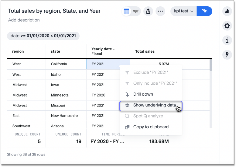 Select Show underlying data from the menu that appears