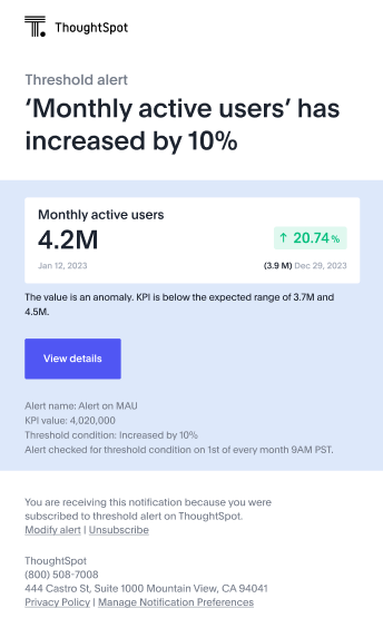 Threshold alert email displaying an increase in 10% for monthly active users
