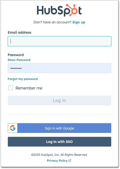 HubSpot sign-in pop-up