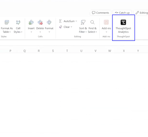 A MS excel sheet displaying the ThoughtSpot plugin in the top bar