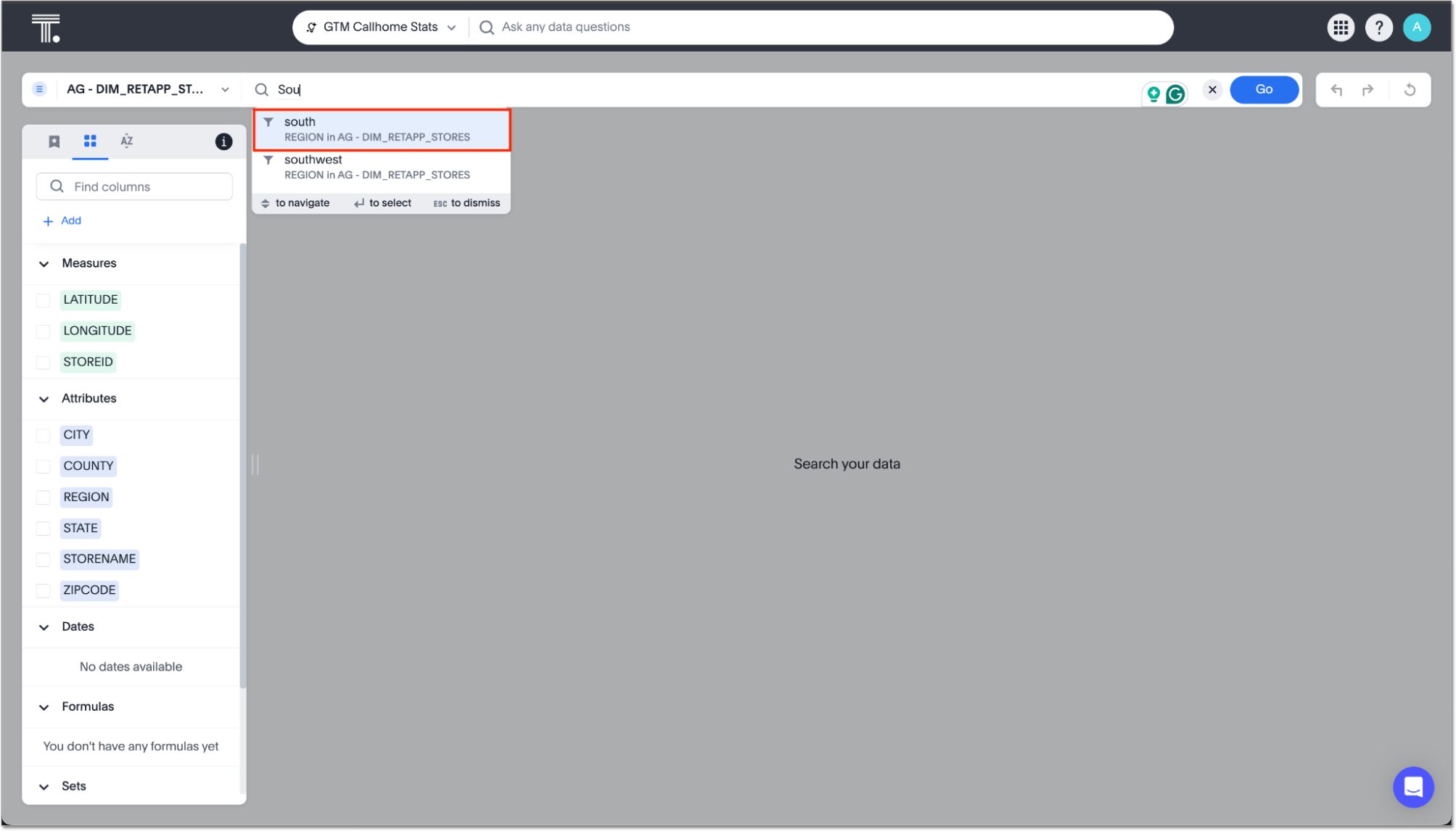 Sage search suggested value for South in Region column