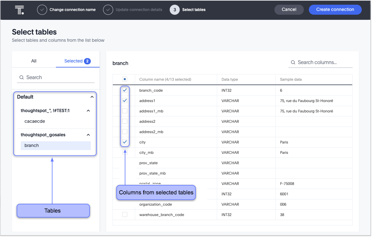 Select tables and columns for your connection