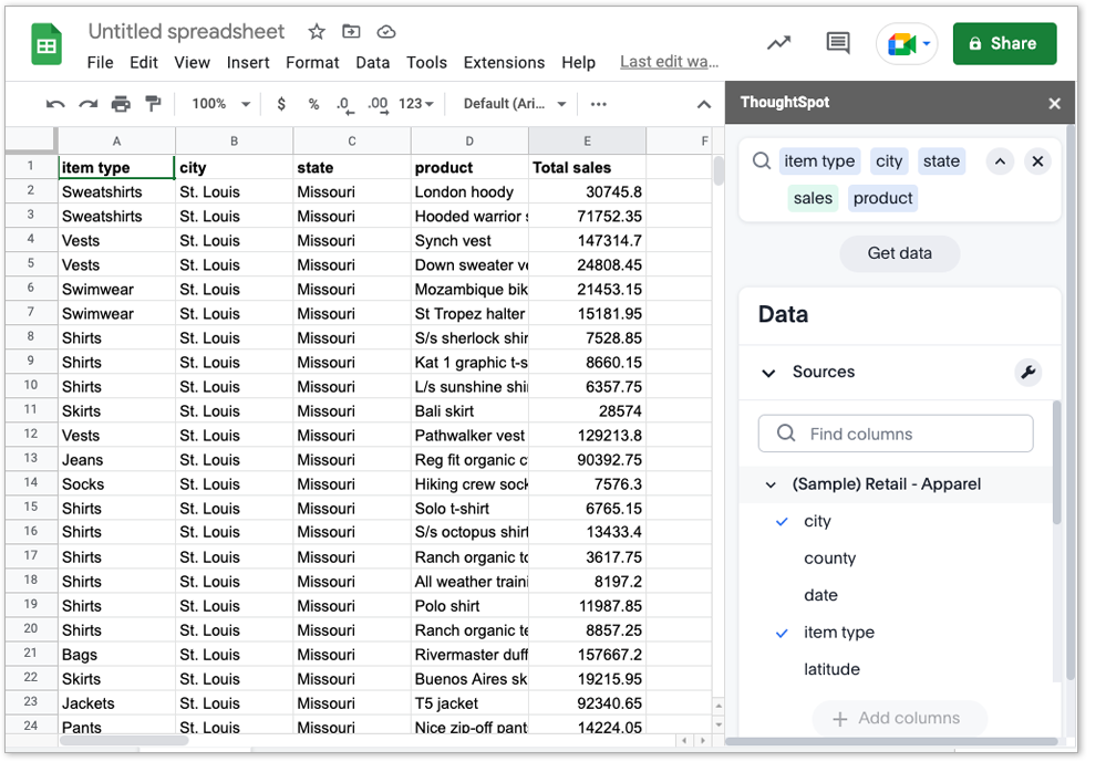 A google spreadhseet displaying ThoughtSpot add-in in the right sidebar