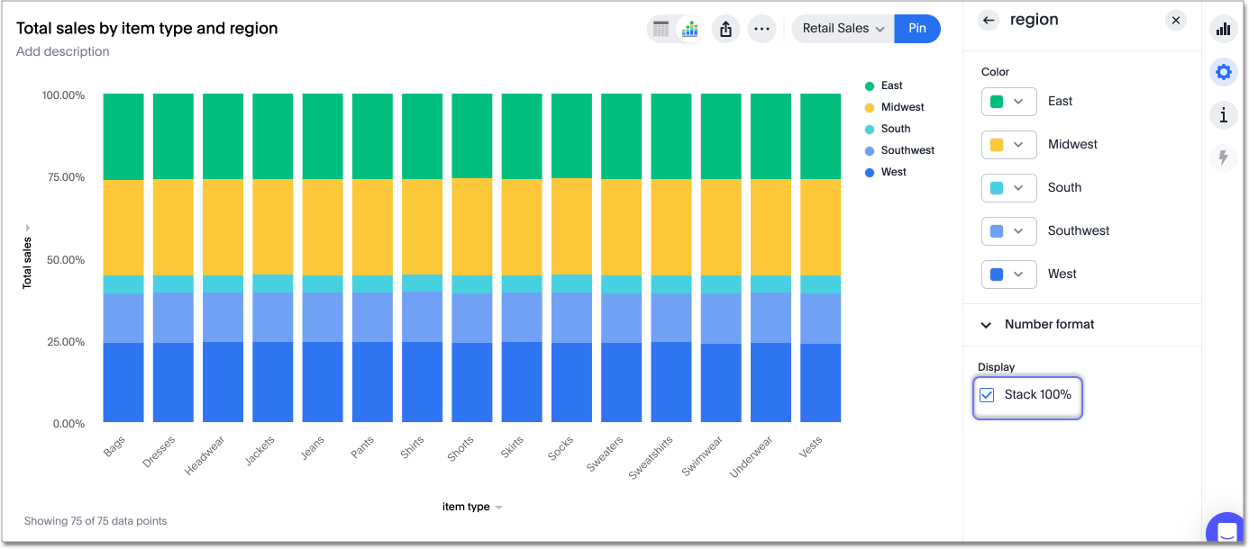 Stacked column chart example — Stack 100 percent toggled on