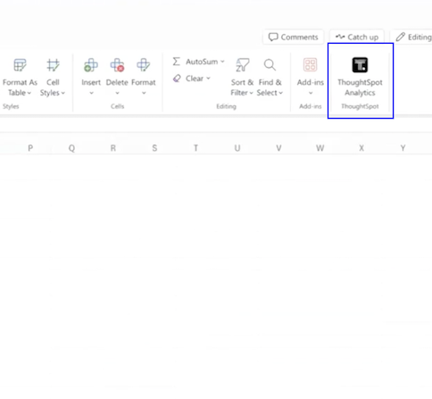 A Microsoft excel sheet displaying the ThoughtSpot plugin in the top bar
