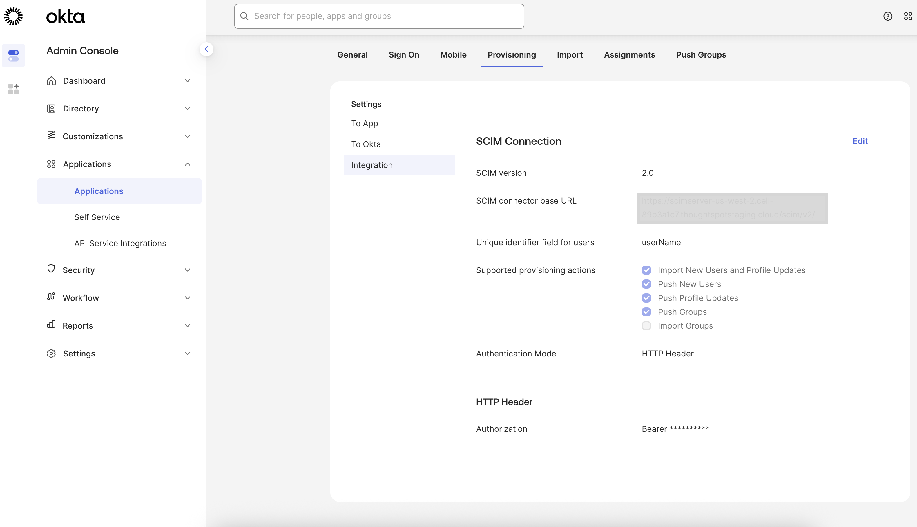 The provisioning options in the Okta interface.