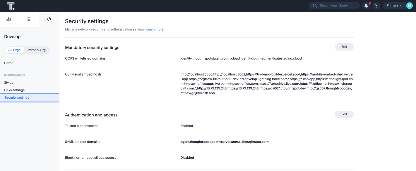 ThoughtSpot developer security settings page