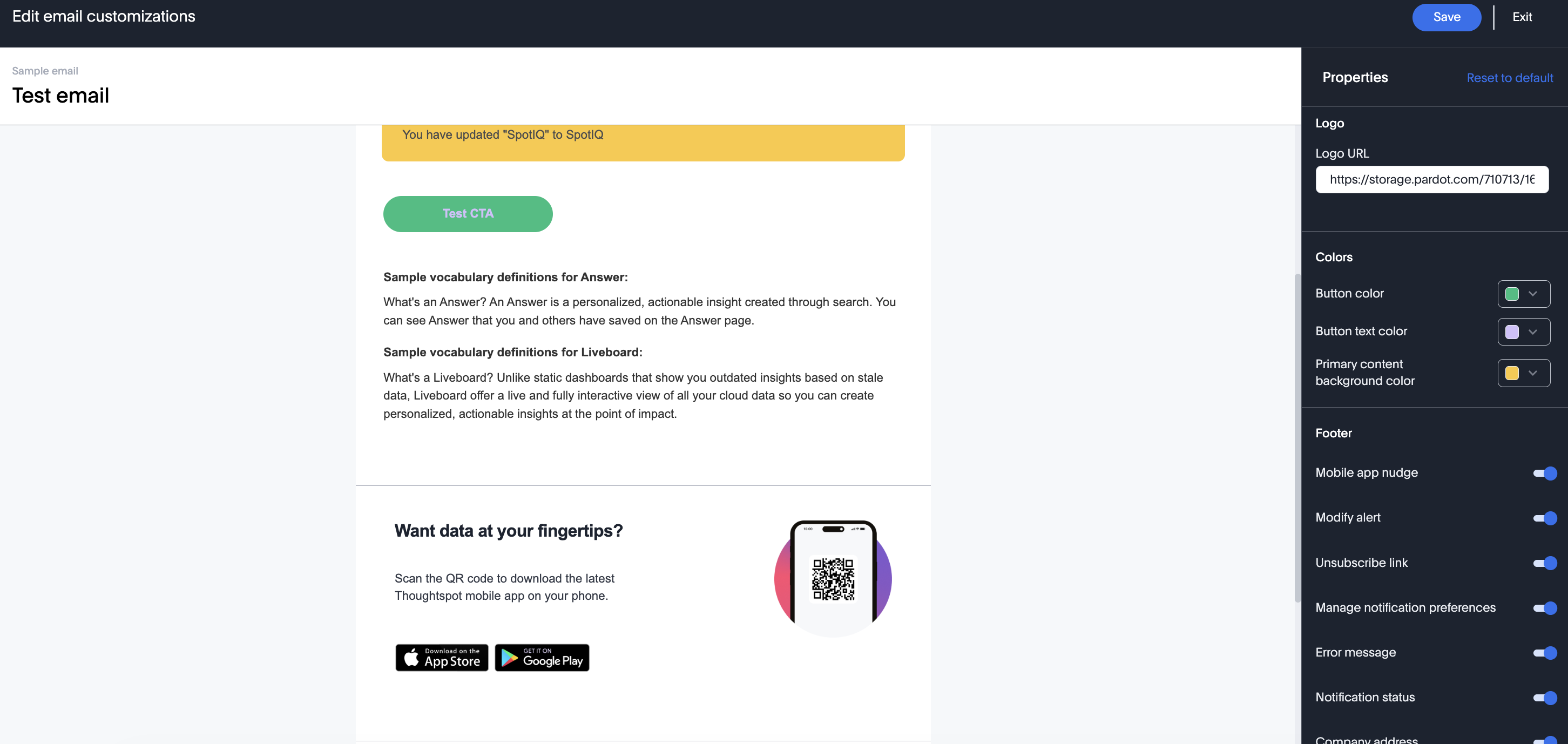 Email customisation edit modal