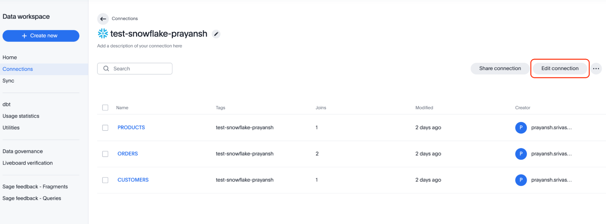 Open the Snowflake connection view and select the Edit connection button.