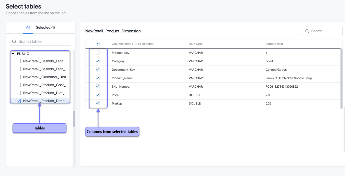 Select tables and columns for your connection