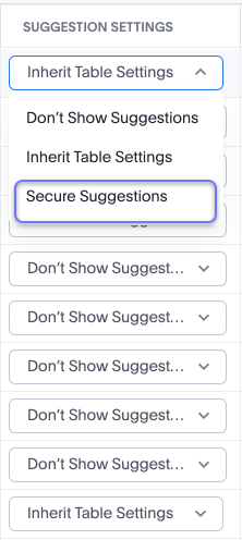 Suggestion settings column options.