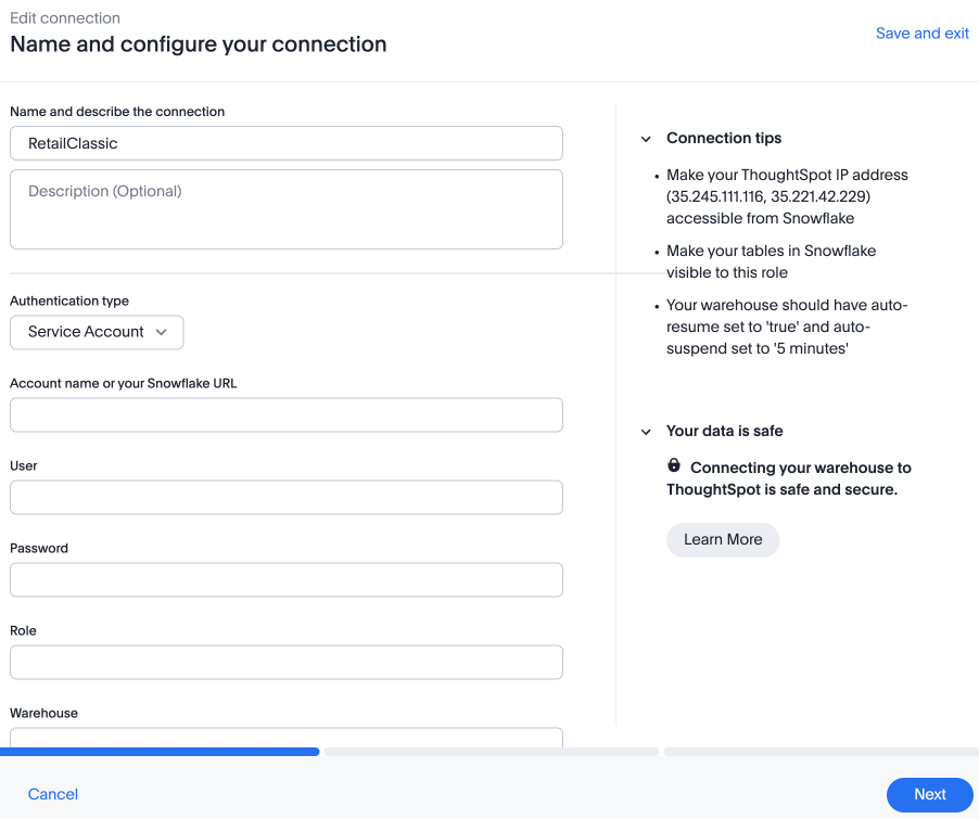 Service Account connection details appear.