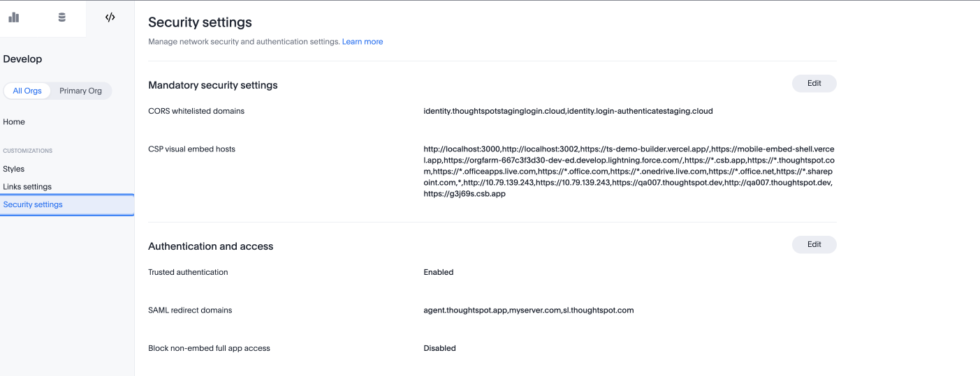 ThoughtSpot developer security settings page