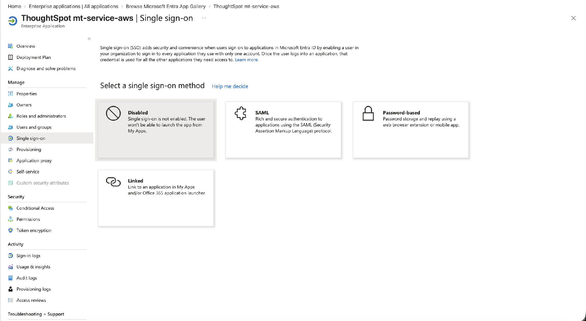 Select a single sign-on method – choose SAML
