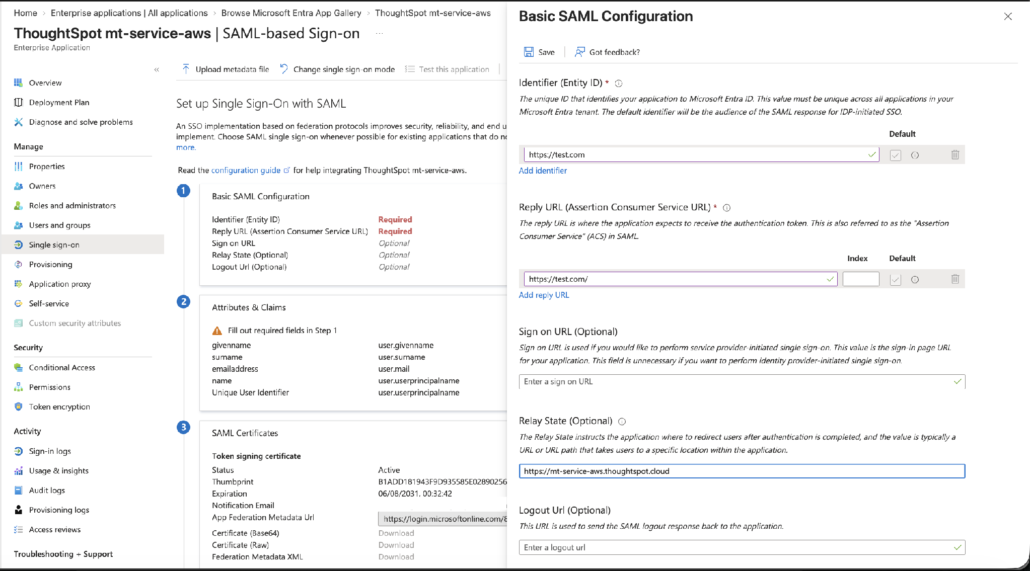 Basic SAML Configuration – Identifier, Reply URL, and Relay State fields