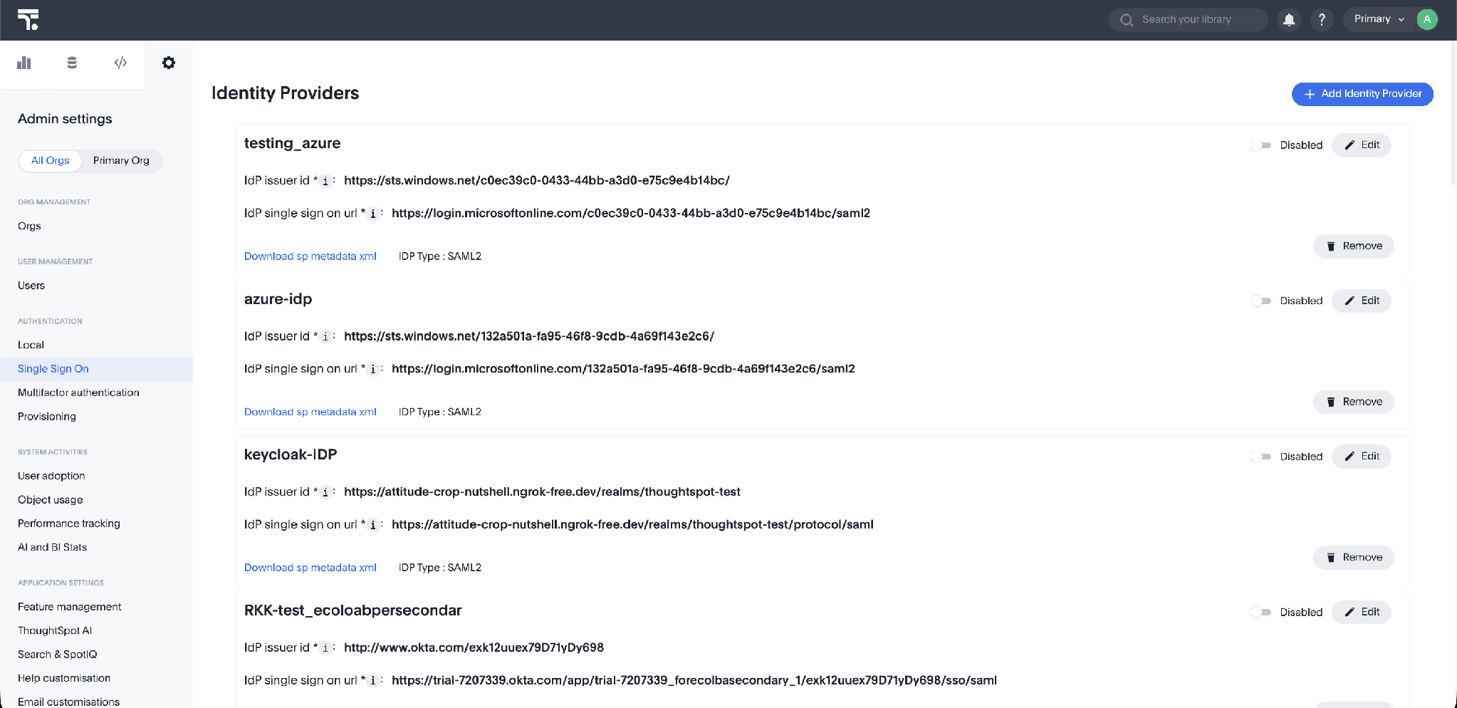 Classic experience: the Identity Providers page, with Add Identity Provider