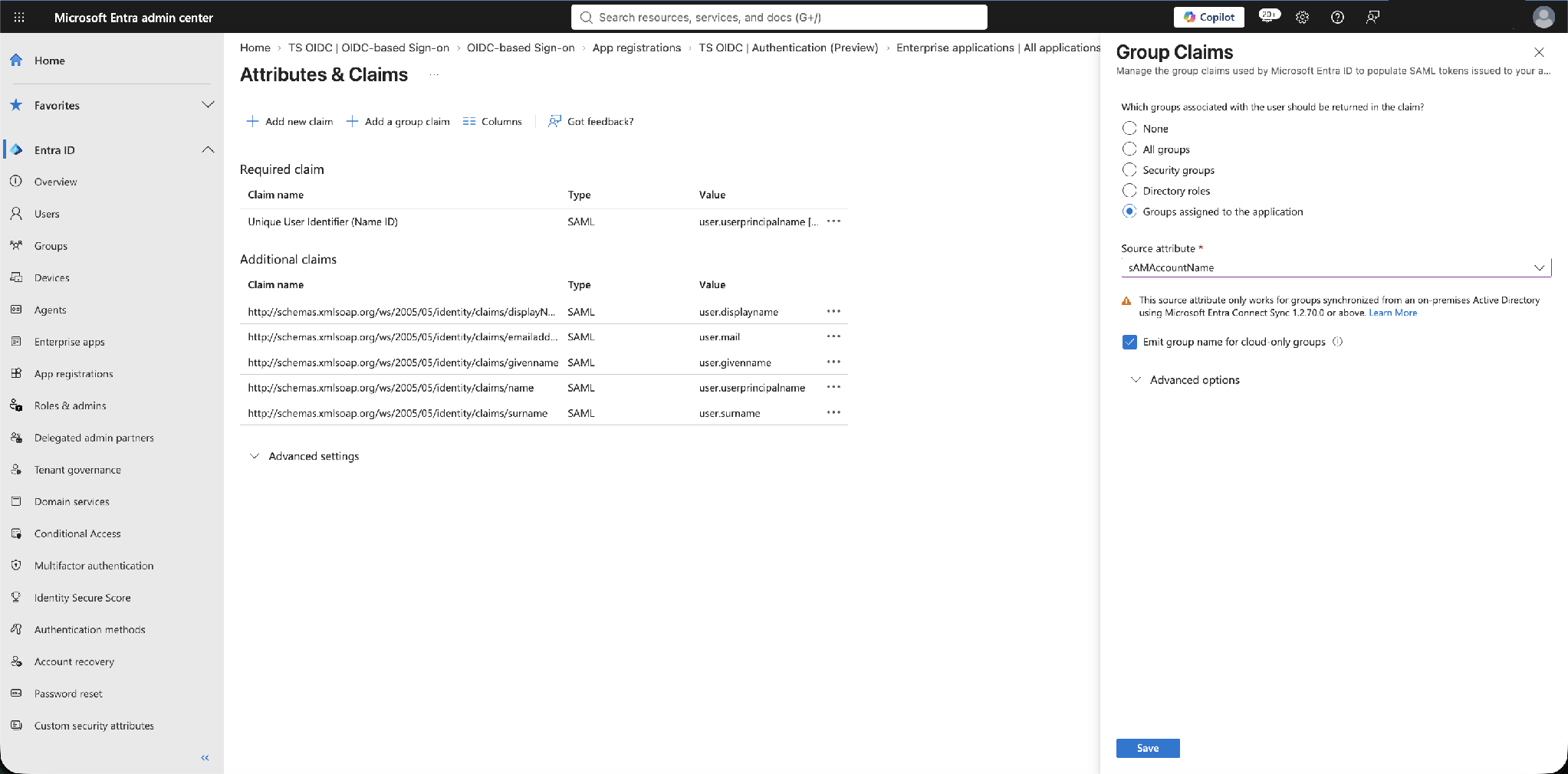 Group Claims – groups assigned to the application, with the source attribute selected