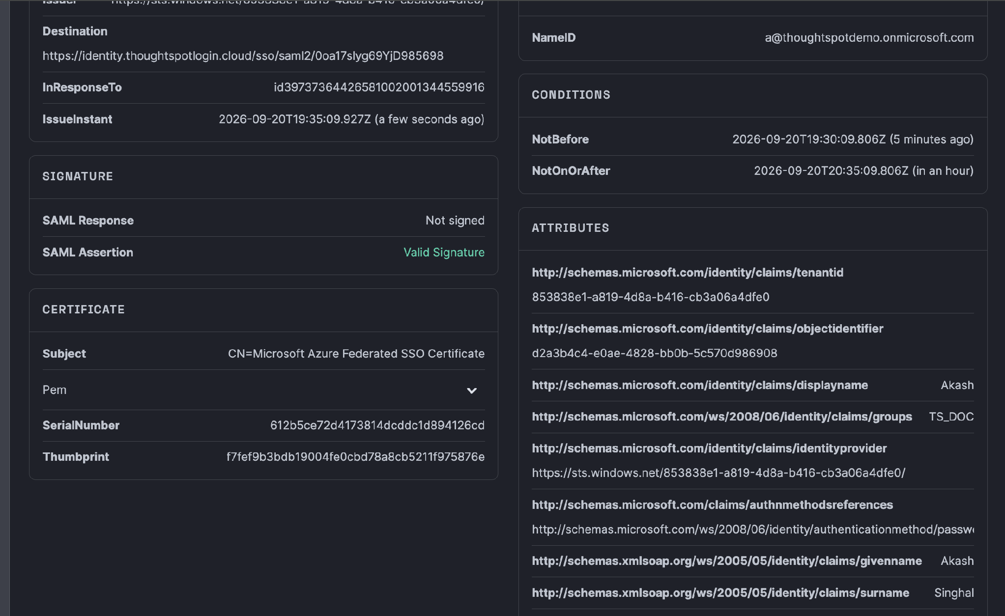 Decoded SAML response – a valid assertion signature and the groups attribute carrying the user’s group. Values shown are environment-specific and illustrative