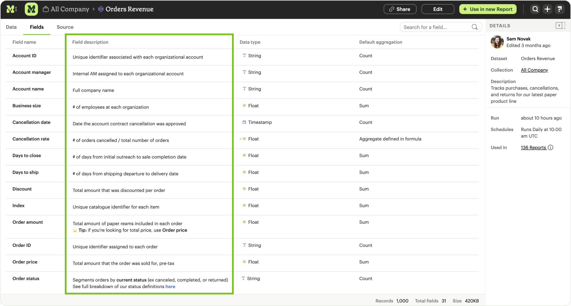 View field descriptions on the dataset view page