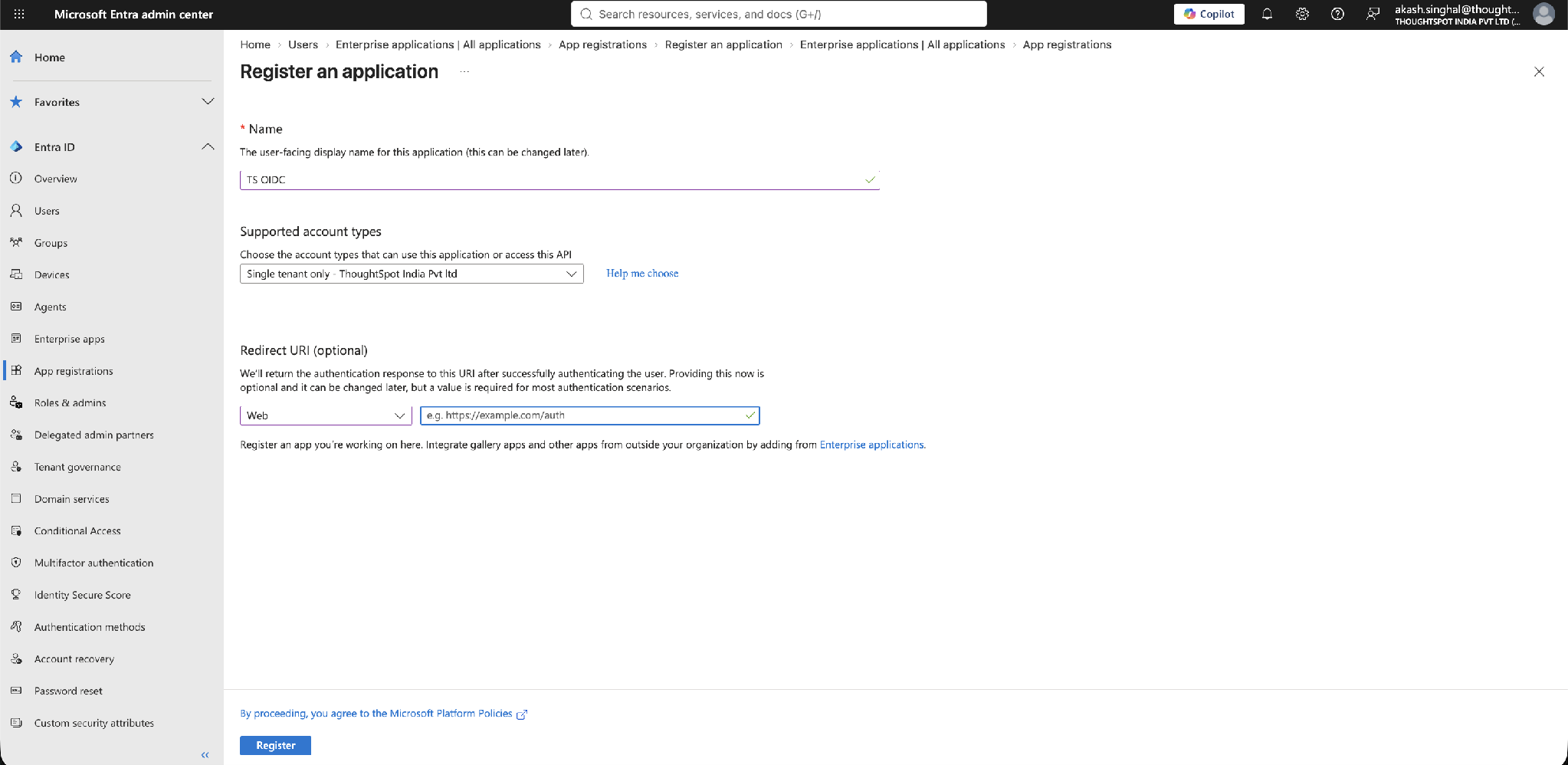 Register an application: name, account type, and (for now) no redirect URI