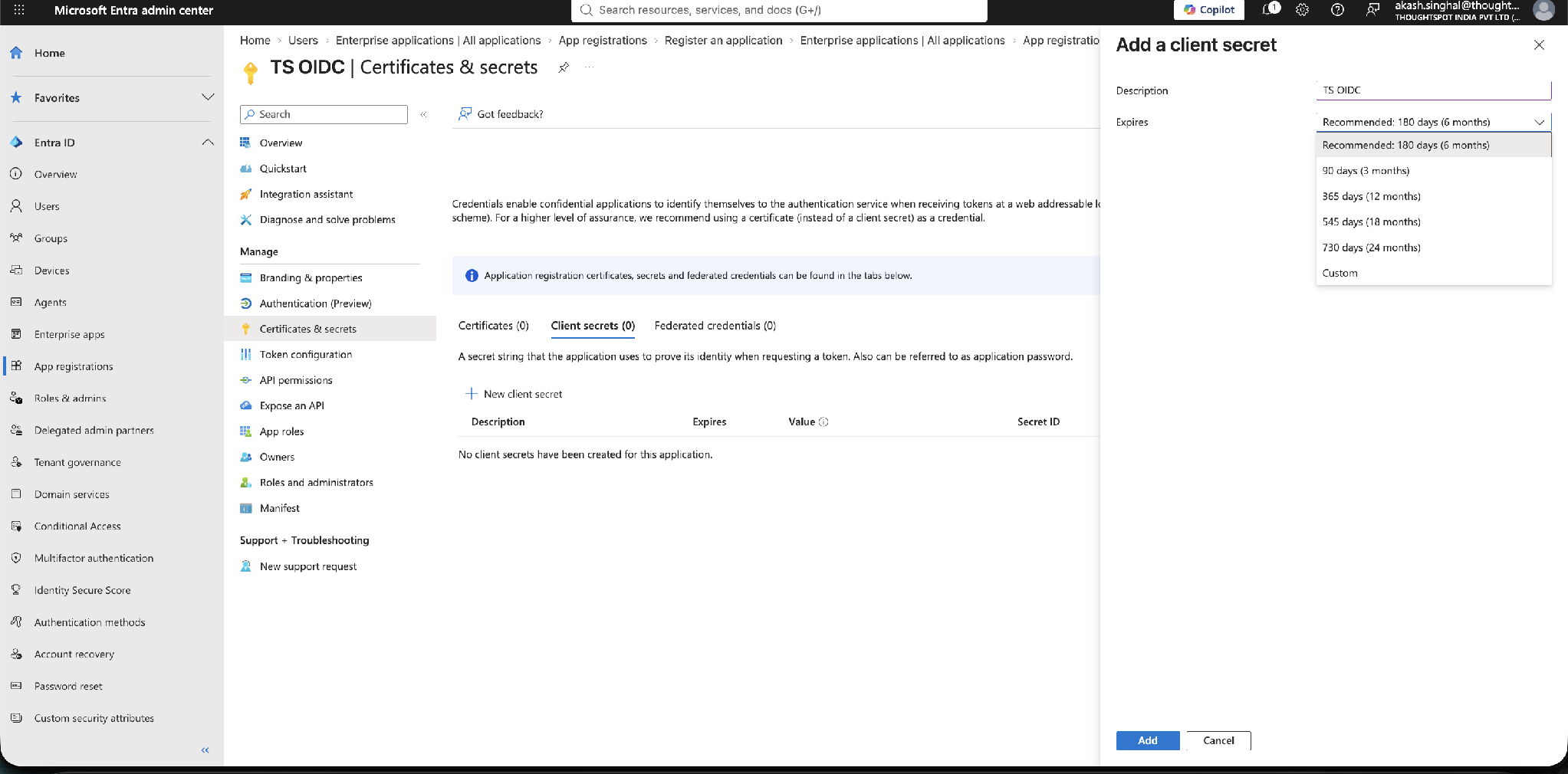 Add a client secret — set a description and expiry