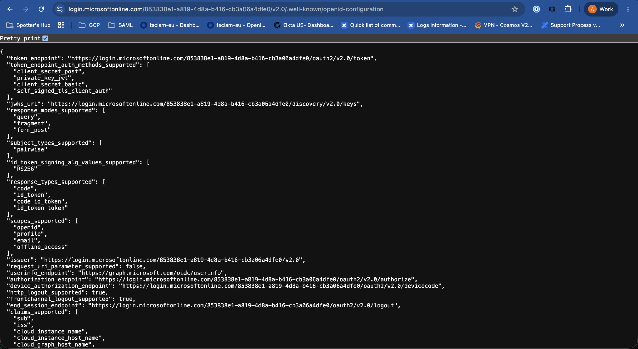 The .well-known/openid-configuration document lists all OIDC endpoints