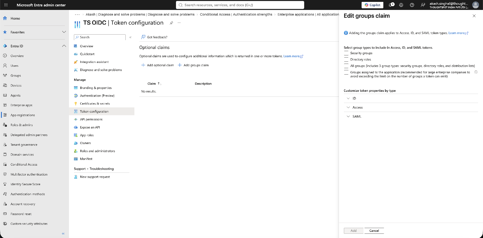 Edit groups claim — select the group types to include in the token