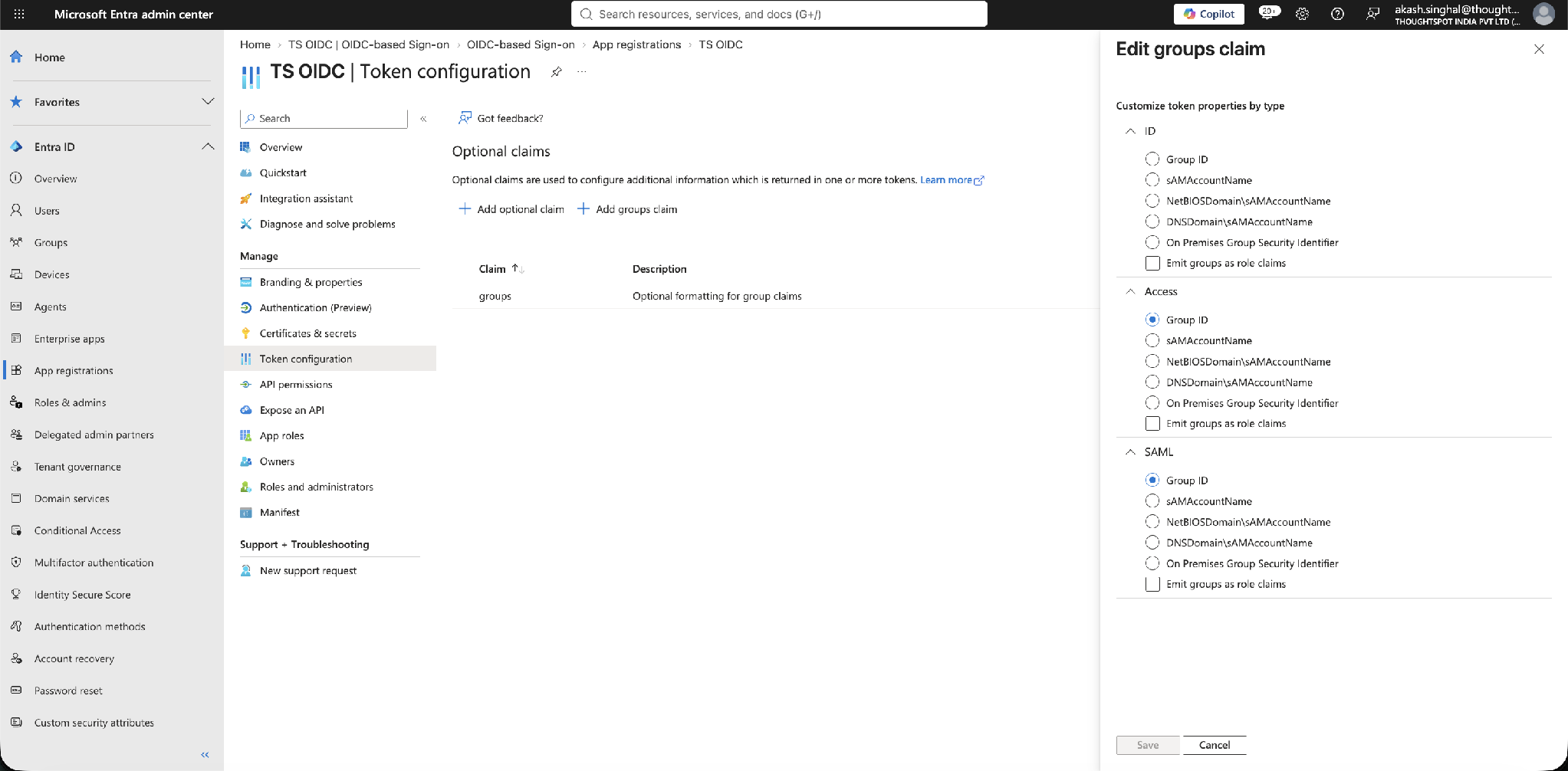 Token configuration now lists the groups claim