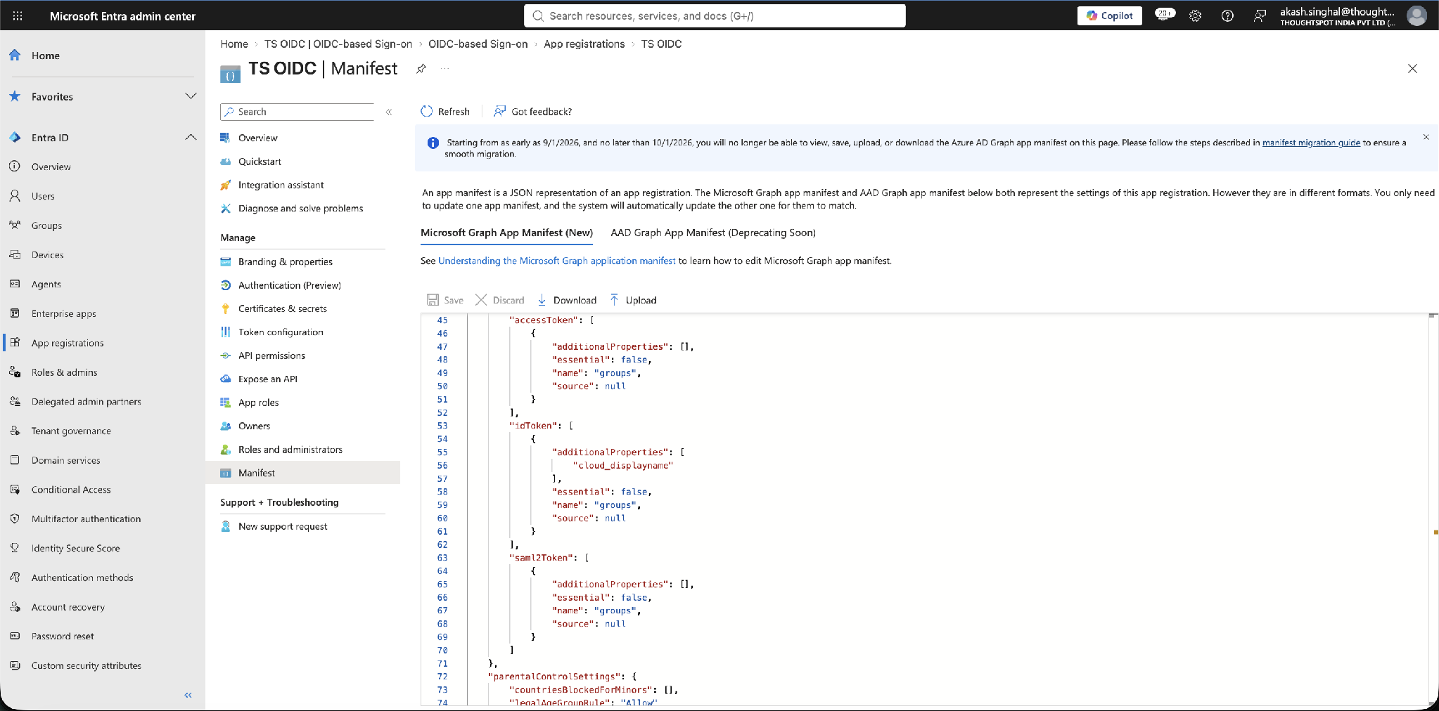 Manifest — cloud_displayname added to the groups claim under idToken (the accessToken and saml2Token entries are not used by this flow)
