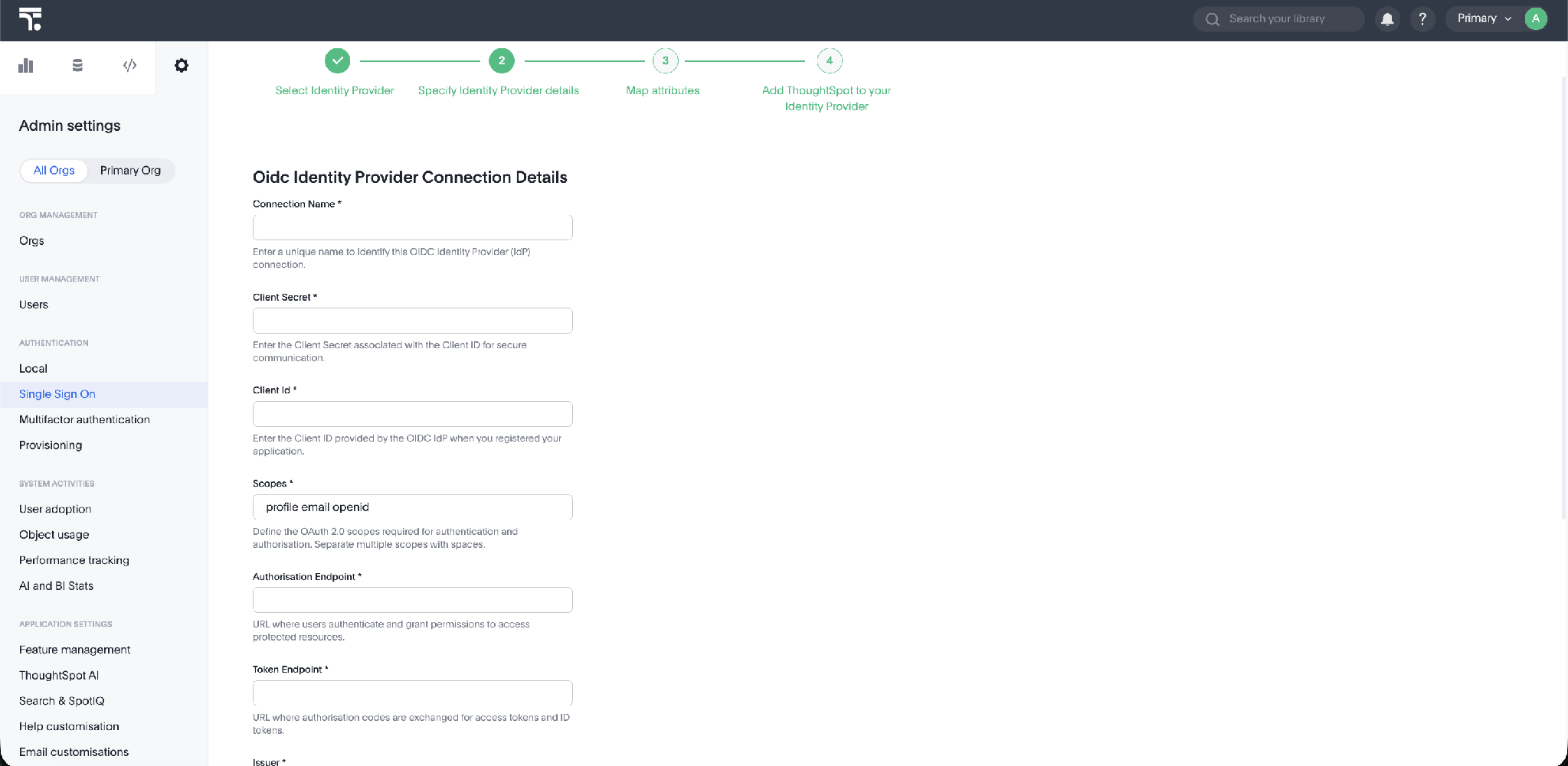 The empty OIDC connection details form