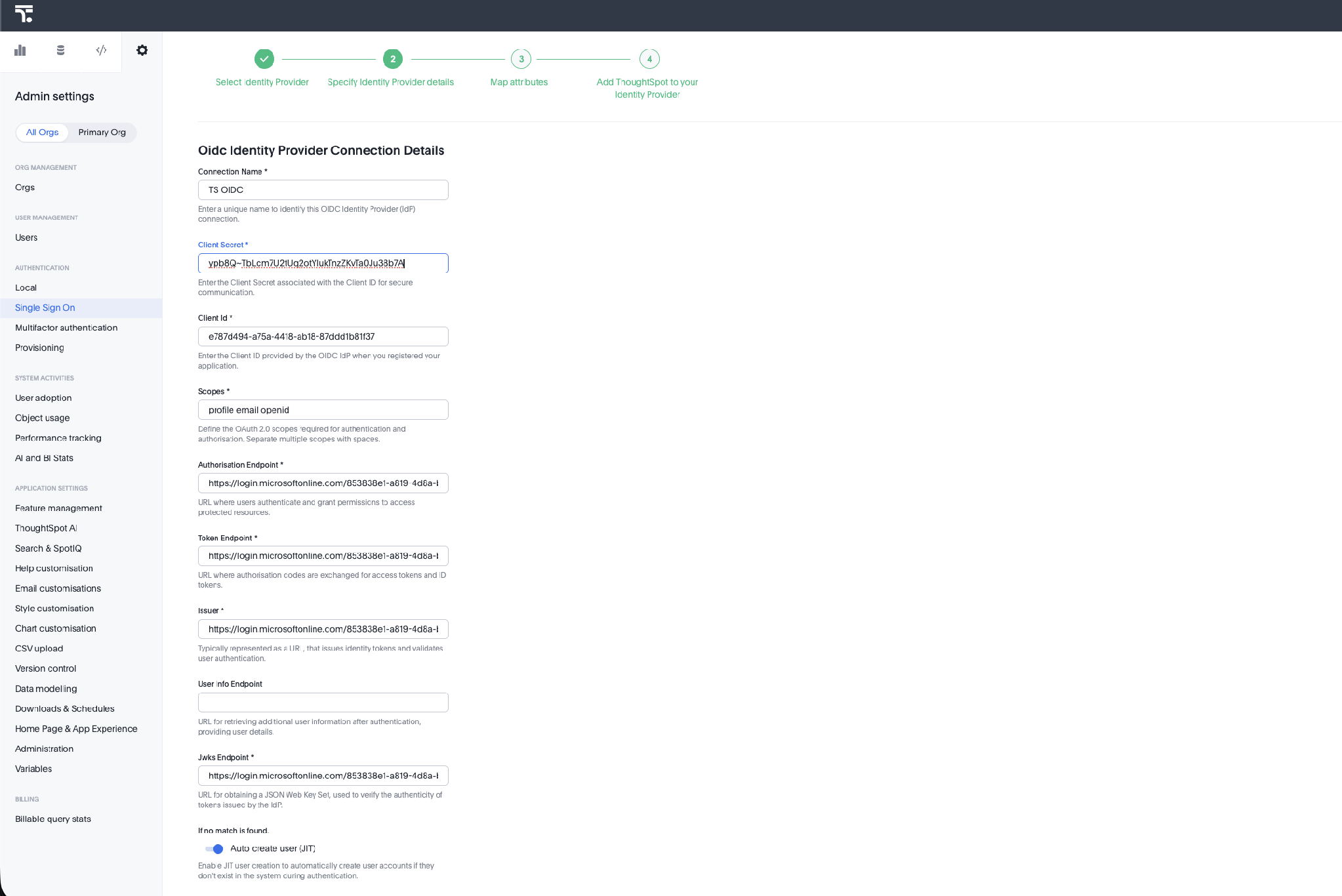 The connection details form completed with values from Entra