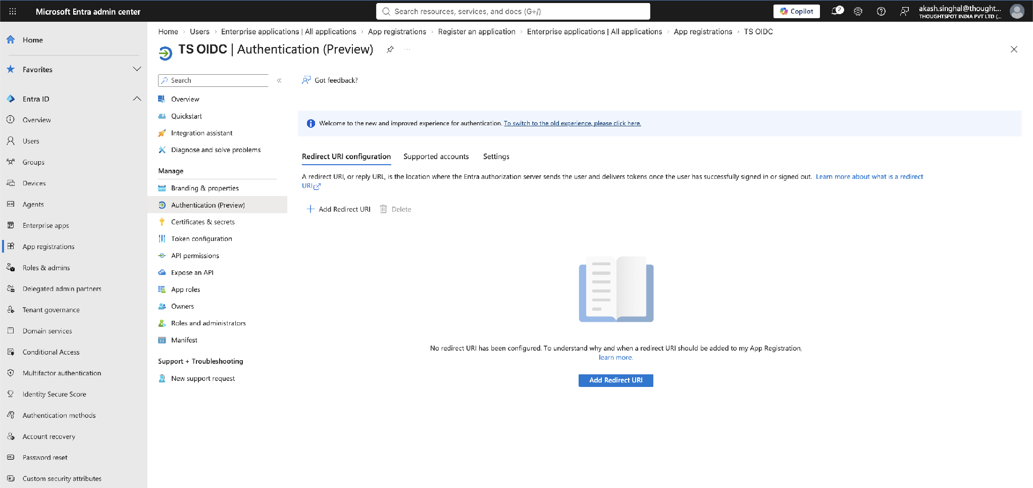 Authentication > Add Redirect URI (Web) — paste the ThoughtSpot callback URL here