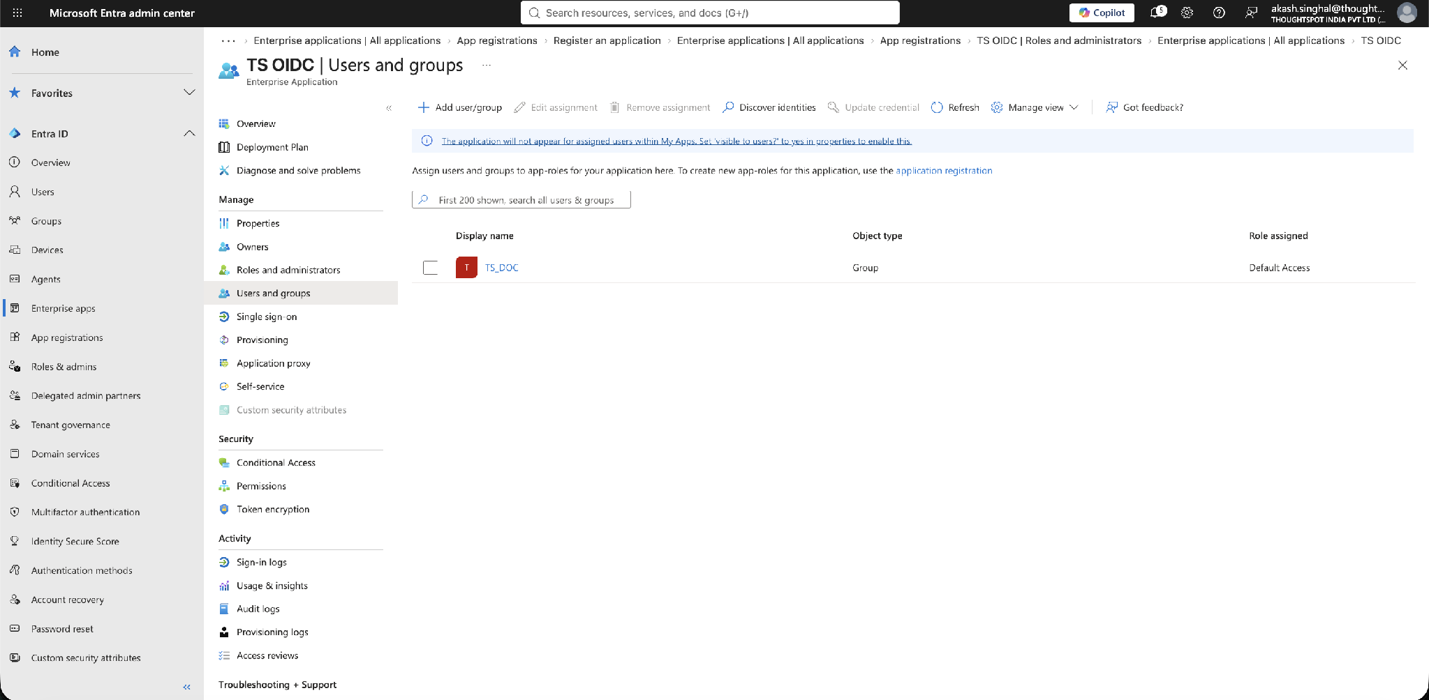 The application’s Users and groups list after assignment