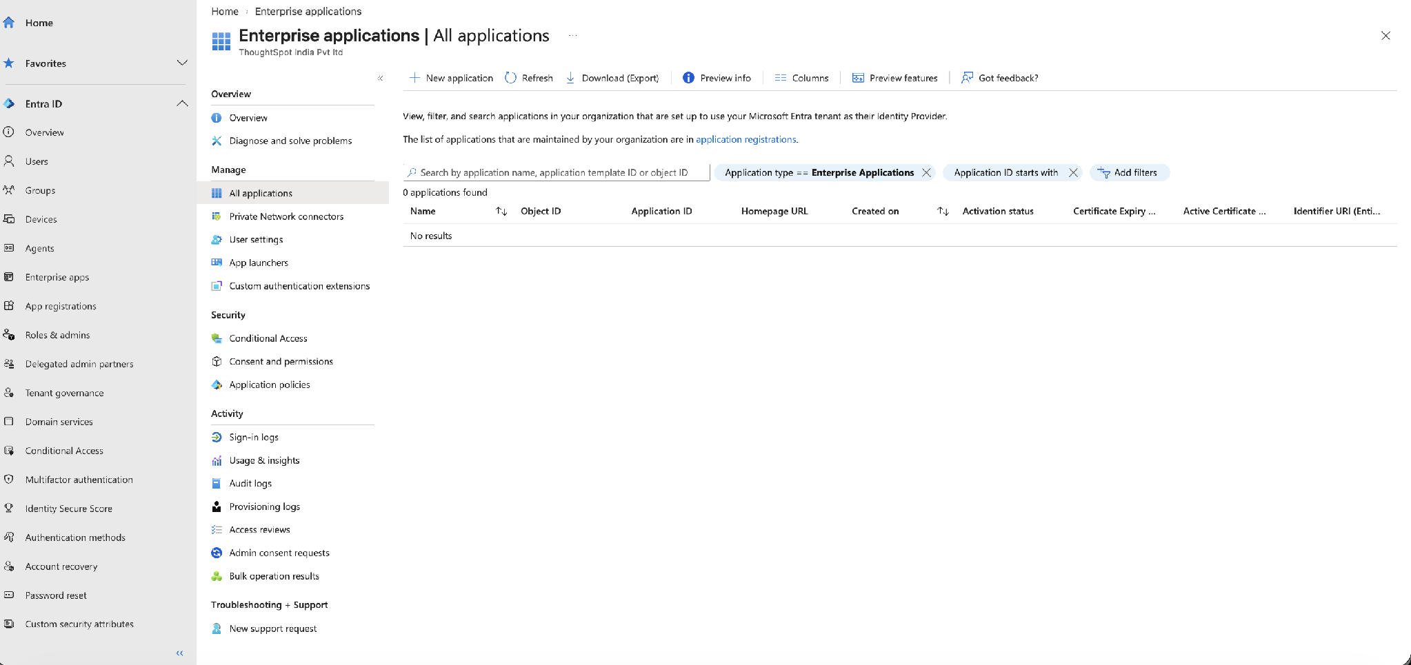 Enterprise applications > All applications, with New application in the toolbar