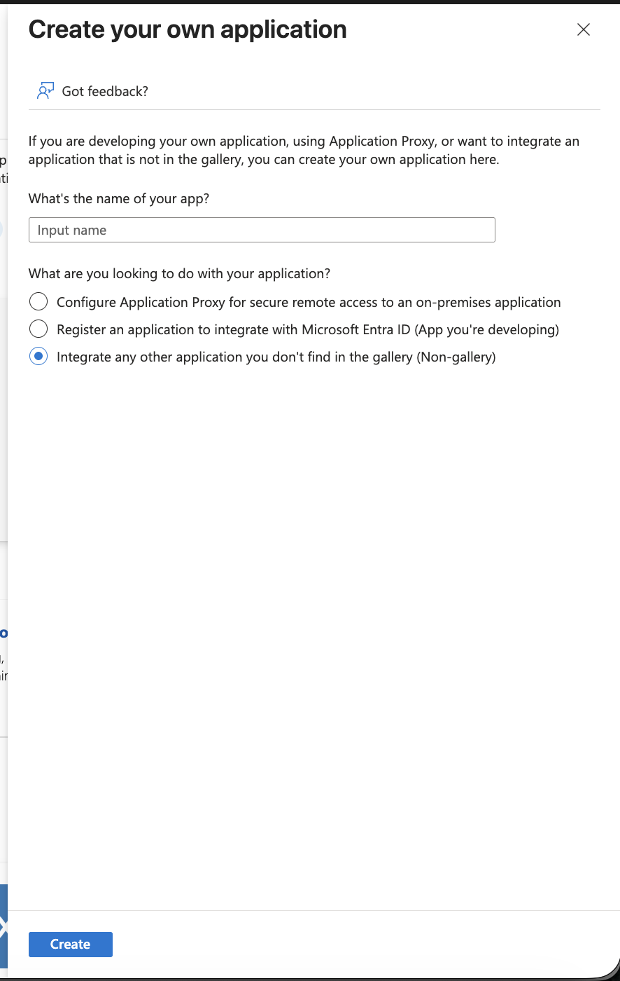 Create your own application: name the app and choose Non-gallery