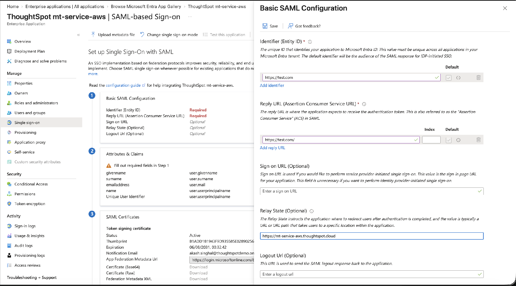 Basic SAML Configuration – Identifier, Reply URL, and Relay State fields