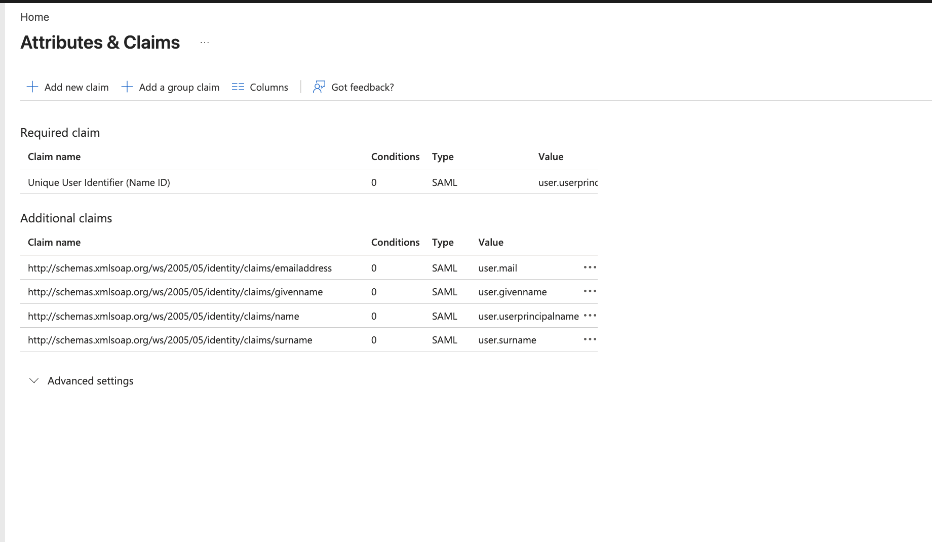 Attributes & Claims – the required Name ID claim and additional claims. Configure these to your business needs