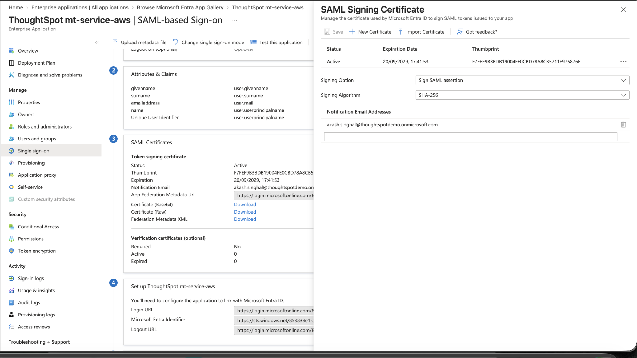 SAML Signing Certificate – signing option and algorithm