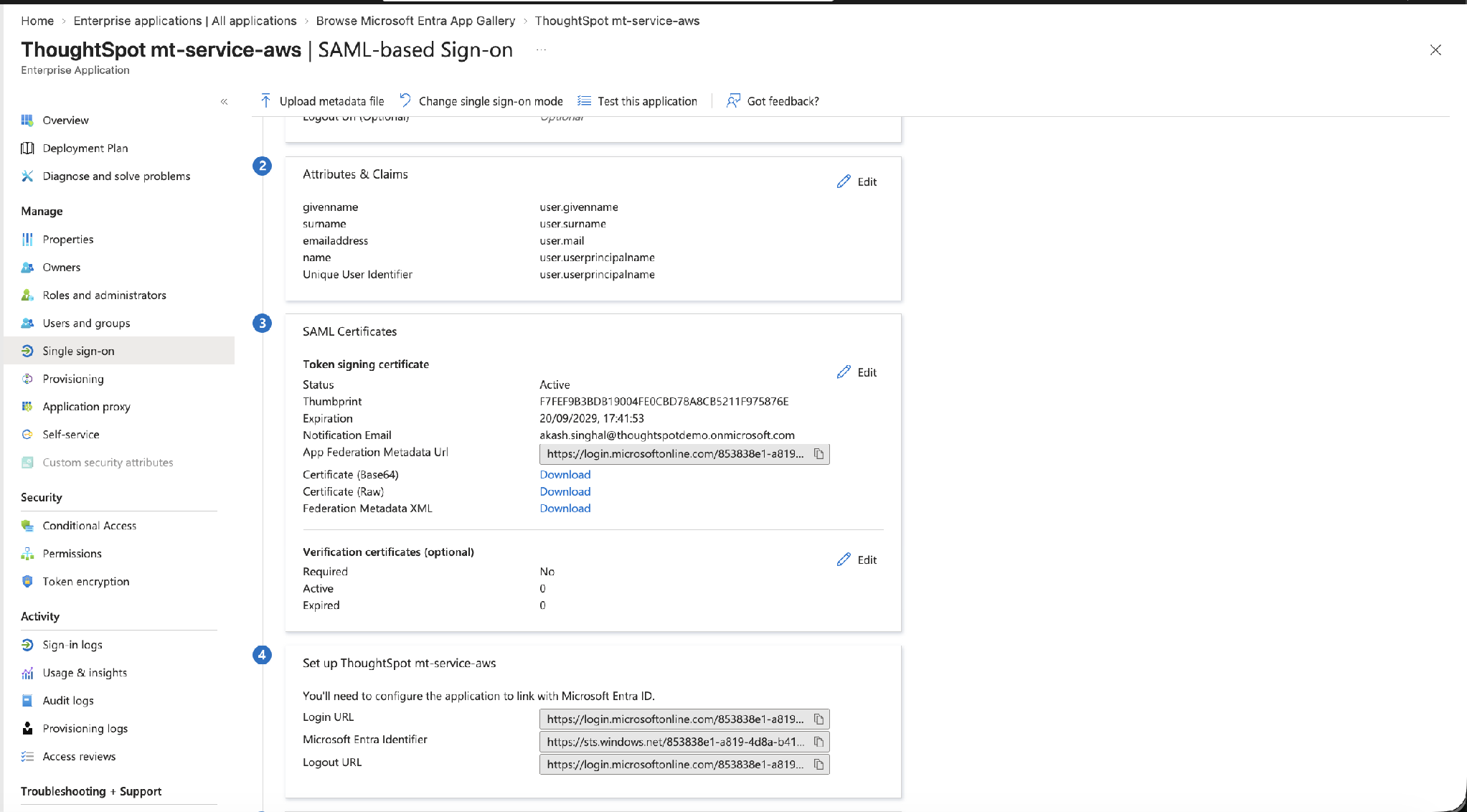 SAML Certificates (download Base64) and the Login URL / Microsoft Entra Identifier