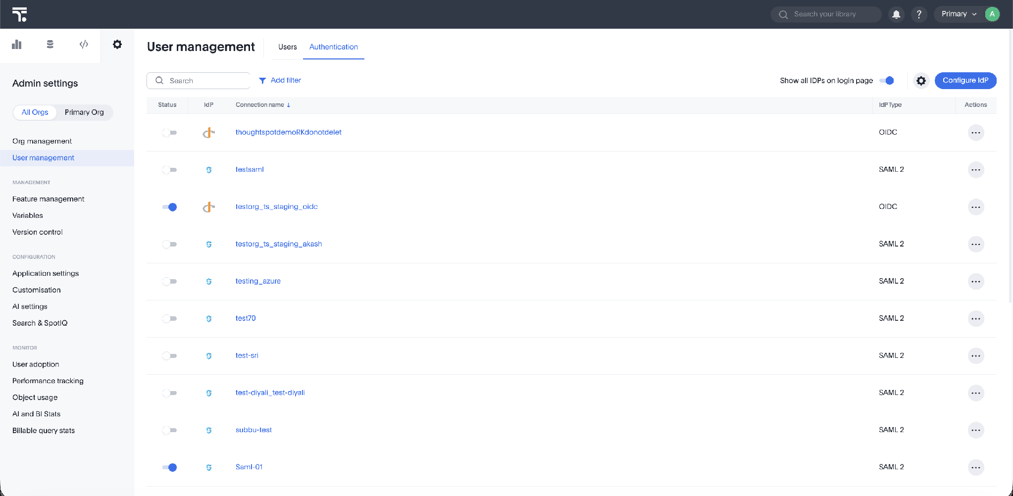 New Admin Experience: User management > Authentication, with Configure IdP