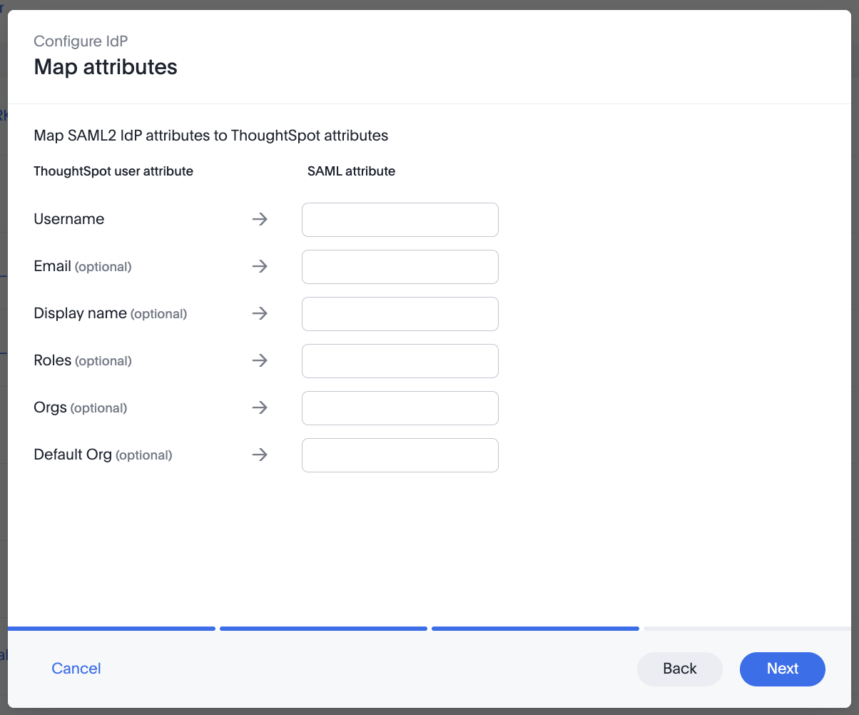 Configure IdP > Map attributes – map ThoughtSpot attributes to your SAML attribute names