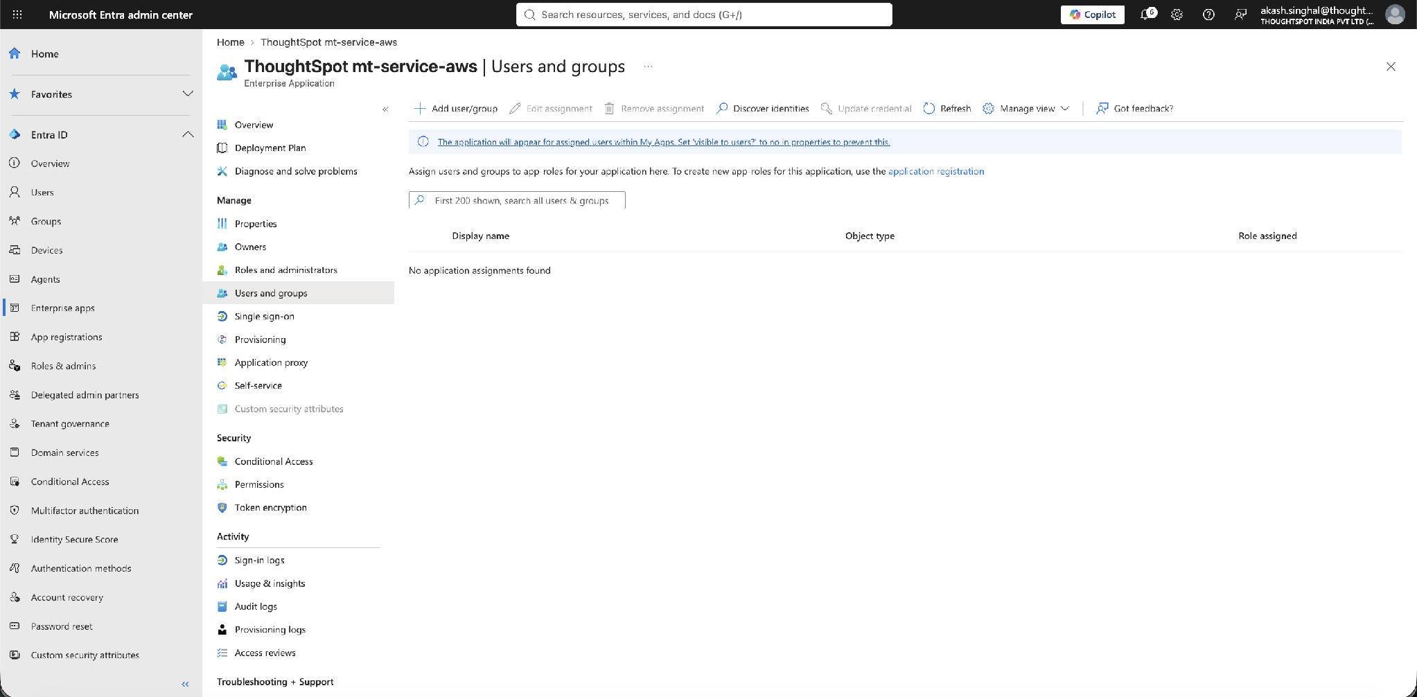 Users and groups – no assignments yet; select Add user/group