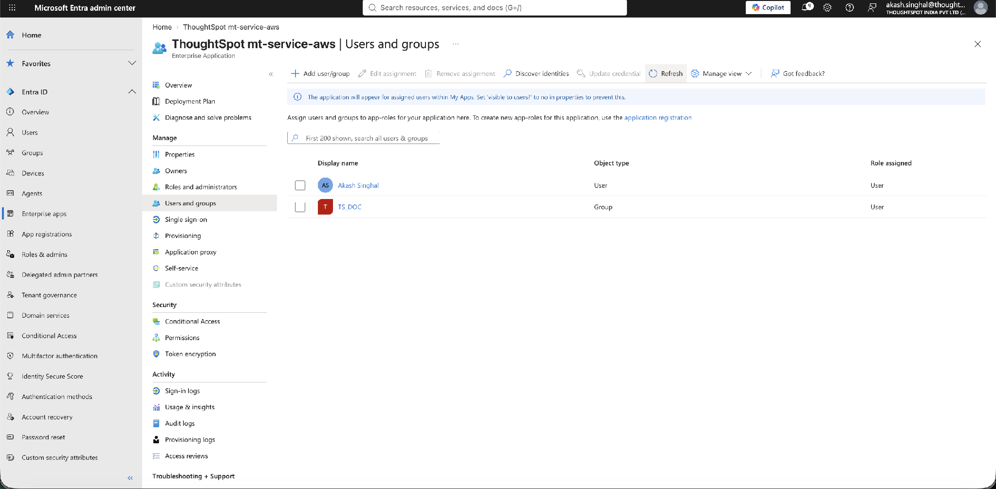 Users and groups – a user and a security group assigned