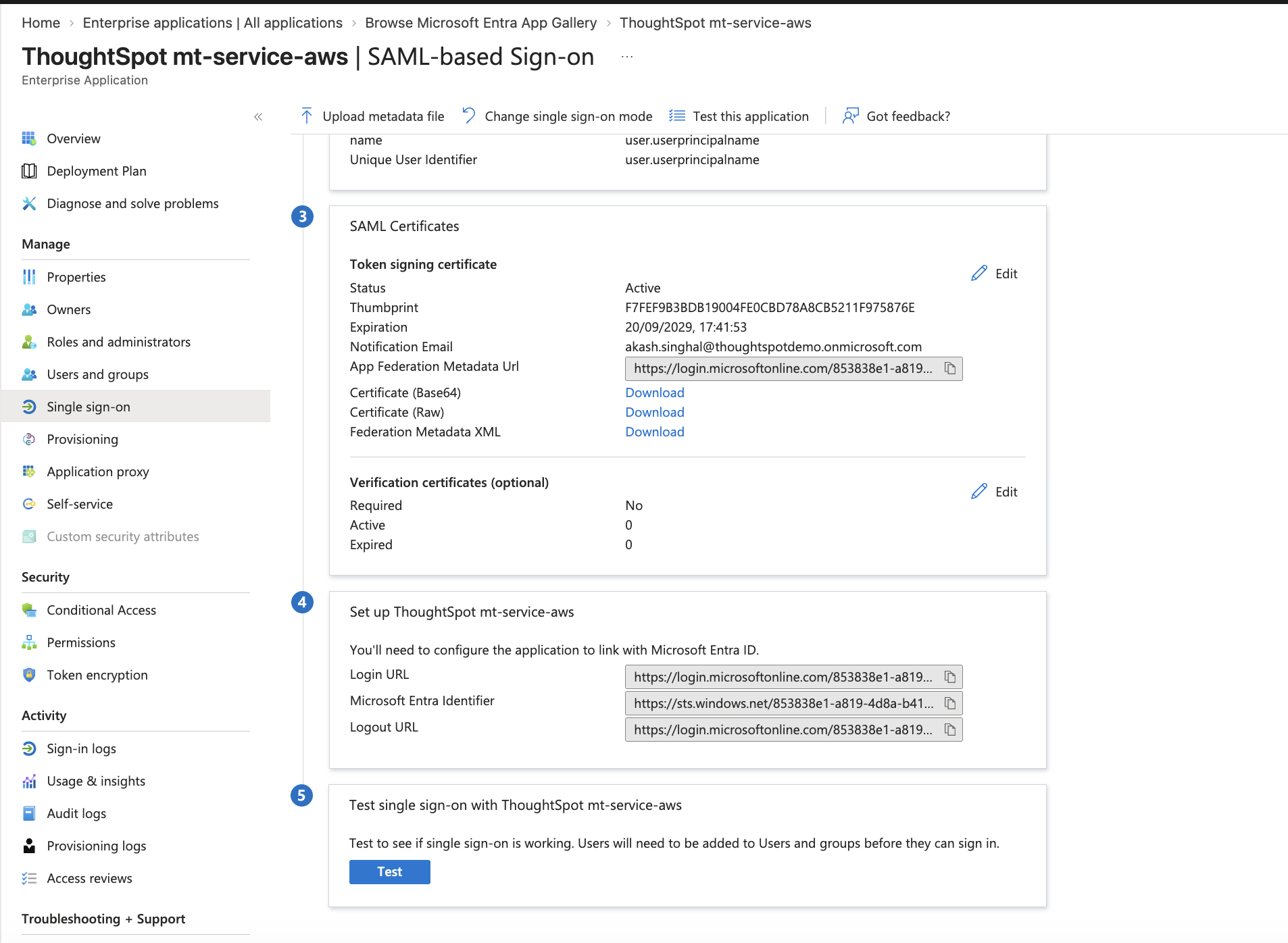 Set up Single Sign-On with SAML – the Test single sign-on section