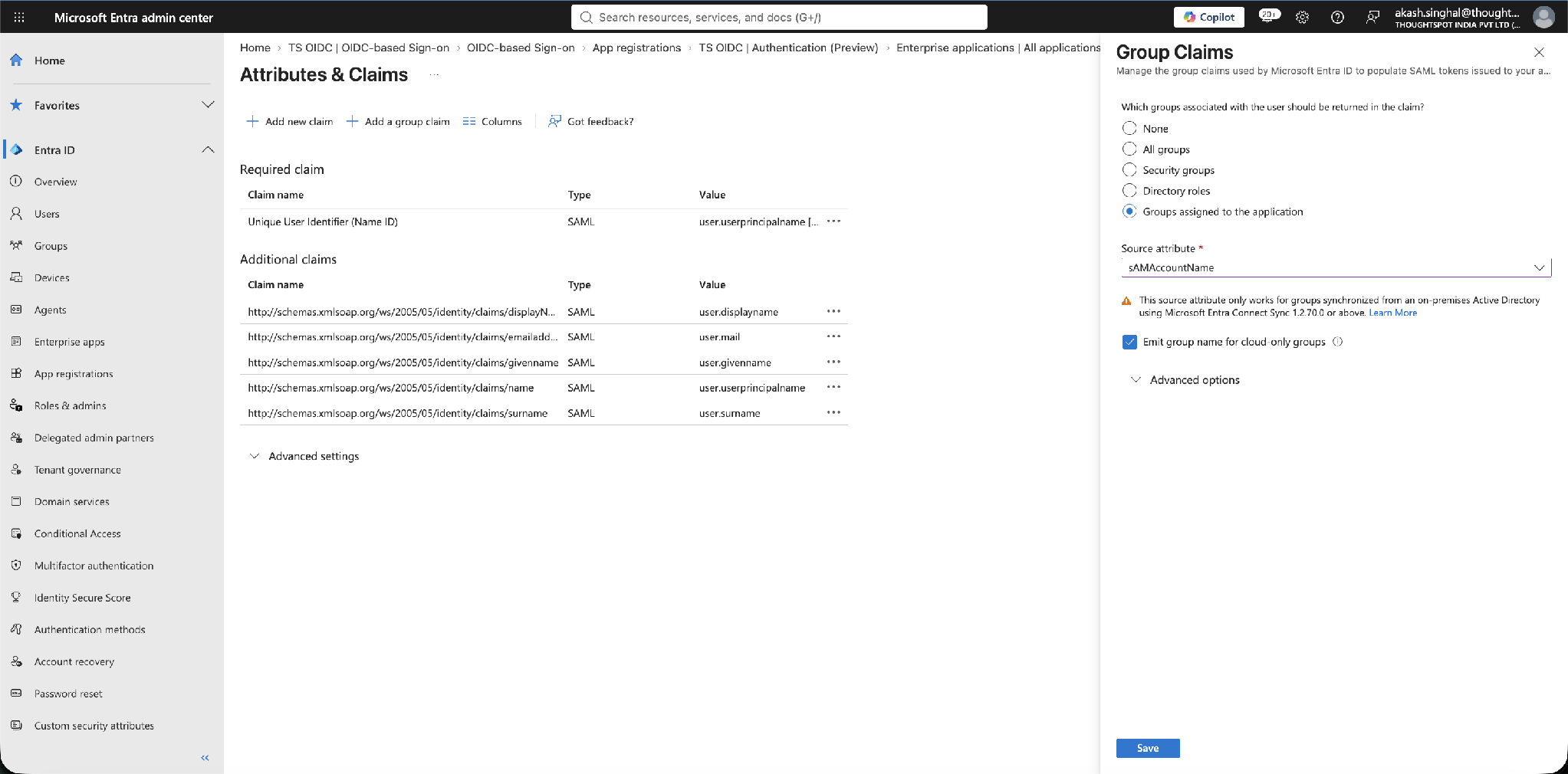 Group Claims – groups assigned to the application, with the source attribute selected