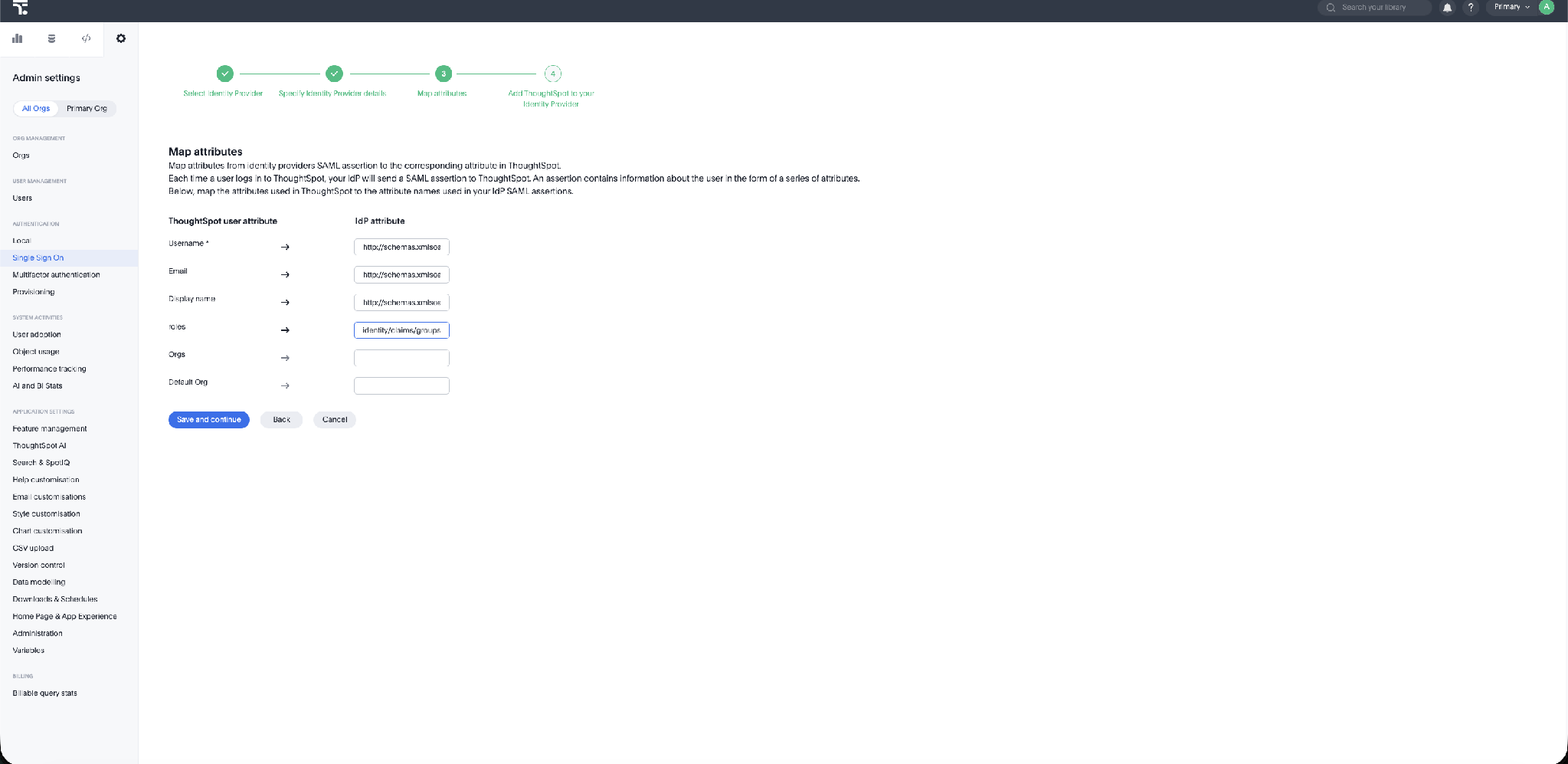 ThoughtSpot Map attributes – the Roles attribute mapped to the Entra groups claim